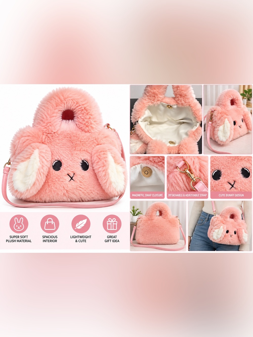 Pink Faux Fur Bunny Crossbody Bag for Kids
